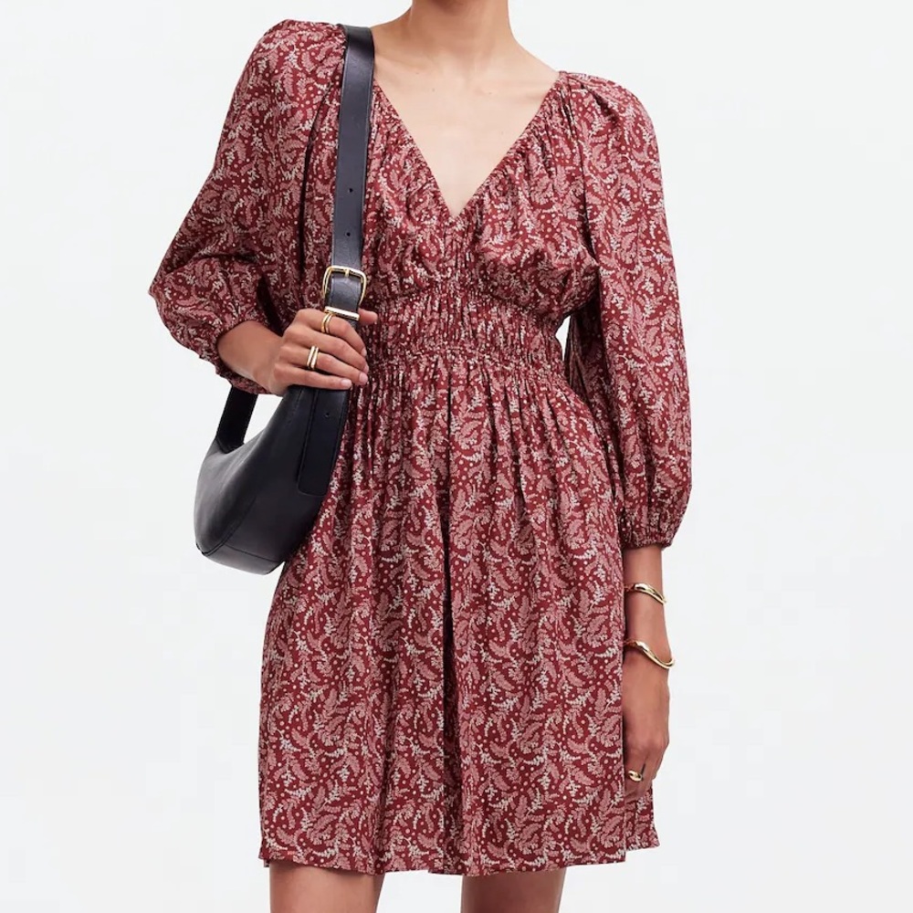 Madewell Puff-Sleeve V-Neck Mini Dress in Paisley Floral Size 4